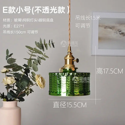 Ribbed green glass pendant light bedroom brass hardware