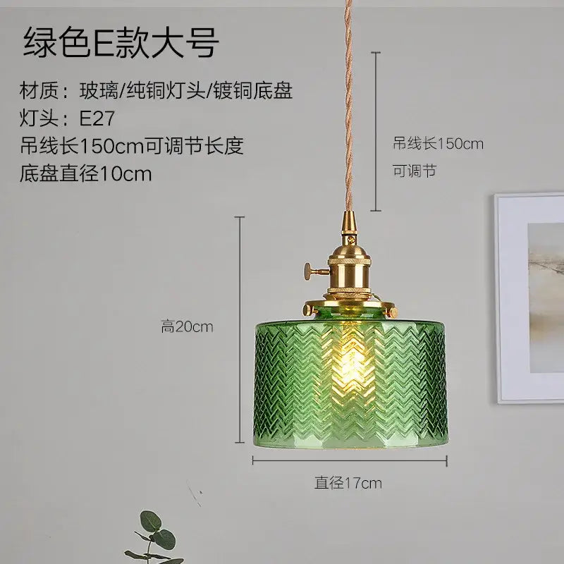 Ribbed green glass pendant light bedroom brass hardware