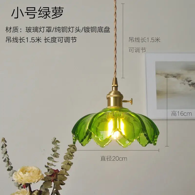 Ribbed green glass pendant light bedroom brass hardware