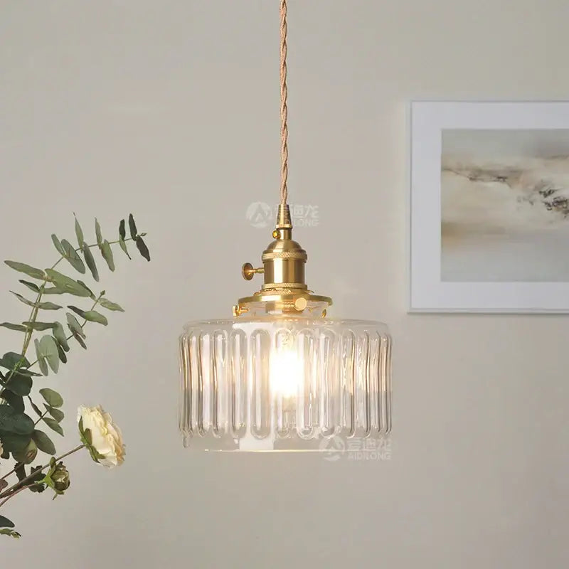 Ribbed green glass pendant light bedroom brass hardware