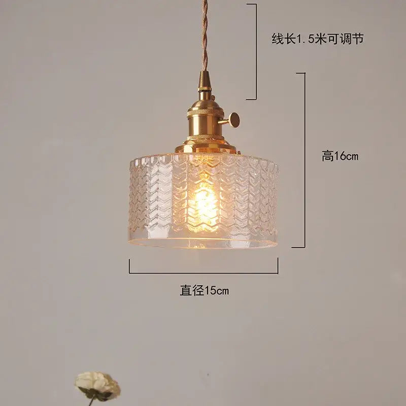Ribbed green glass pendant light bedroom brass hardware