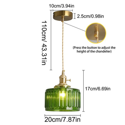 Ribbed green glass pendant light for kitchen island brass hardware