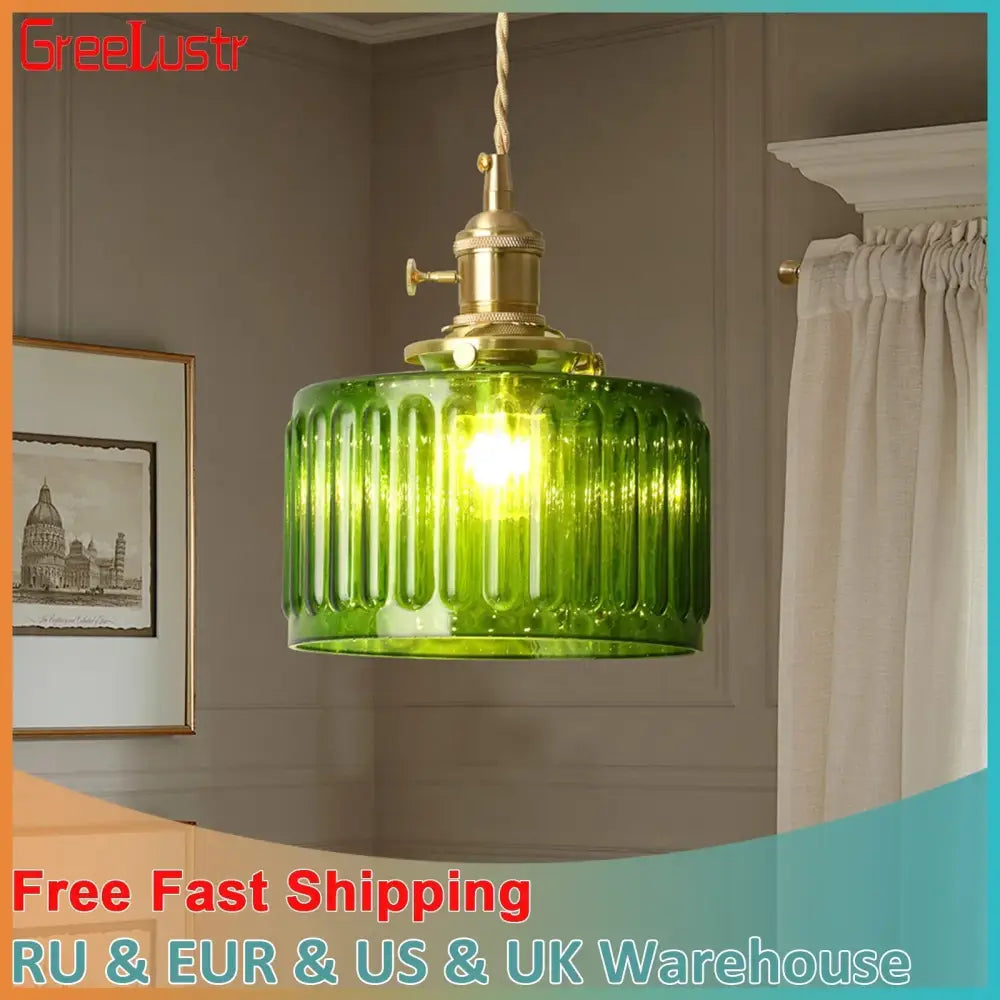 Ribbed green glass pendant light for kitchen island brass hardware