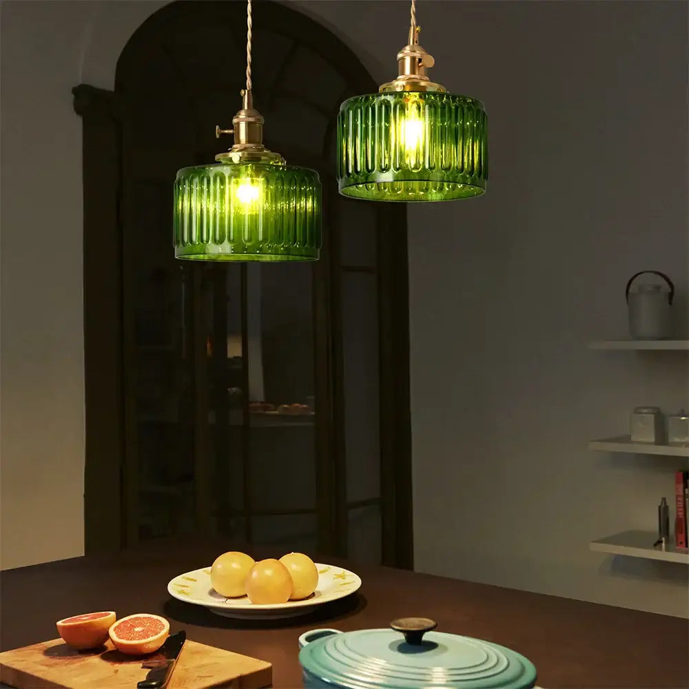 Ribbed green glass pendant light for kitchen island brass hardware