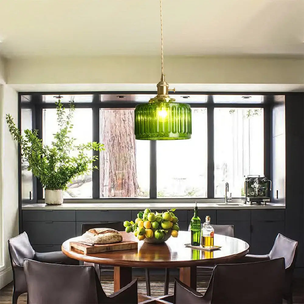 Ribbed green glass pendant light for kitchen island brass hardware