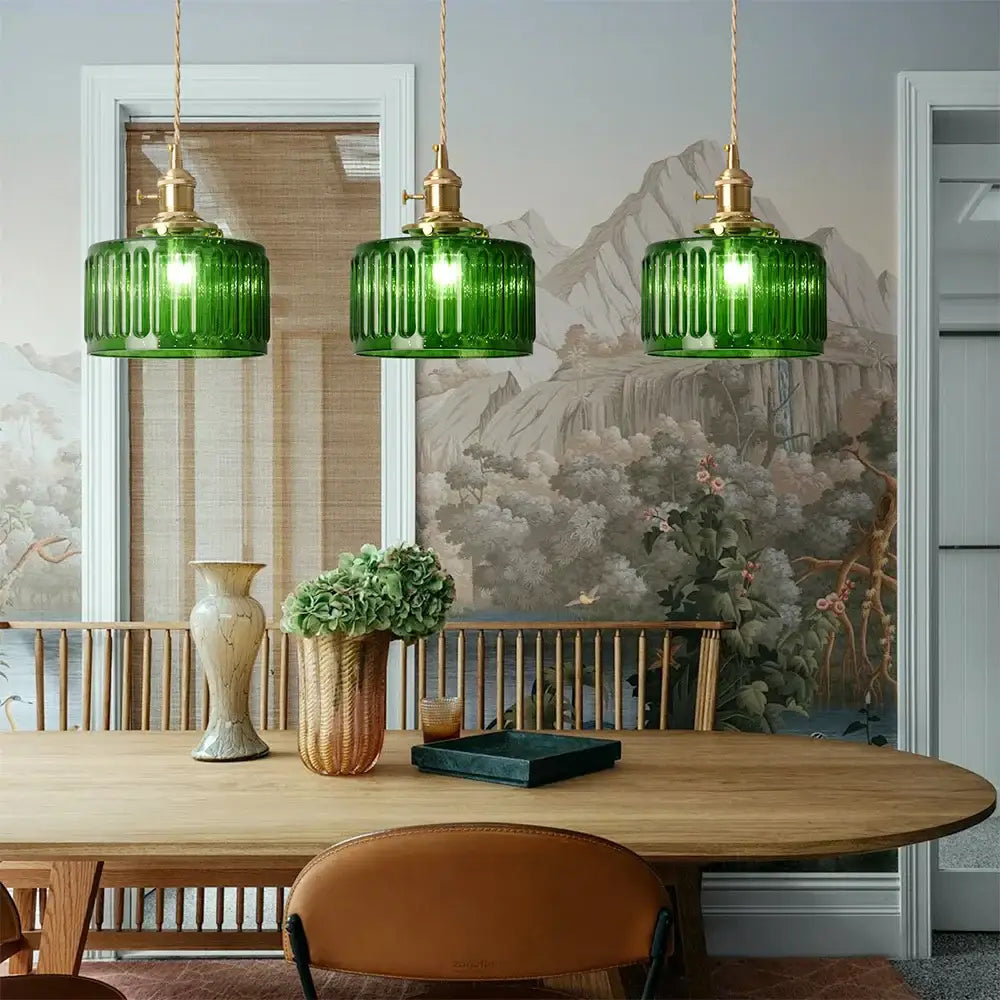 Ribbed green glass pendant light for kitchen island brass hardware