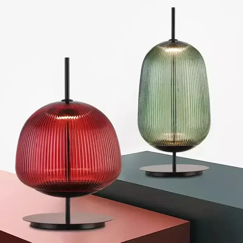 Ribbed green & red glass table lamp for bedroom lighting