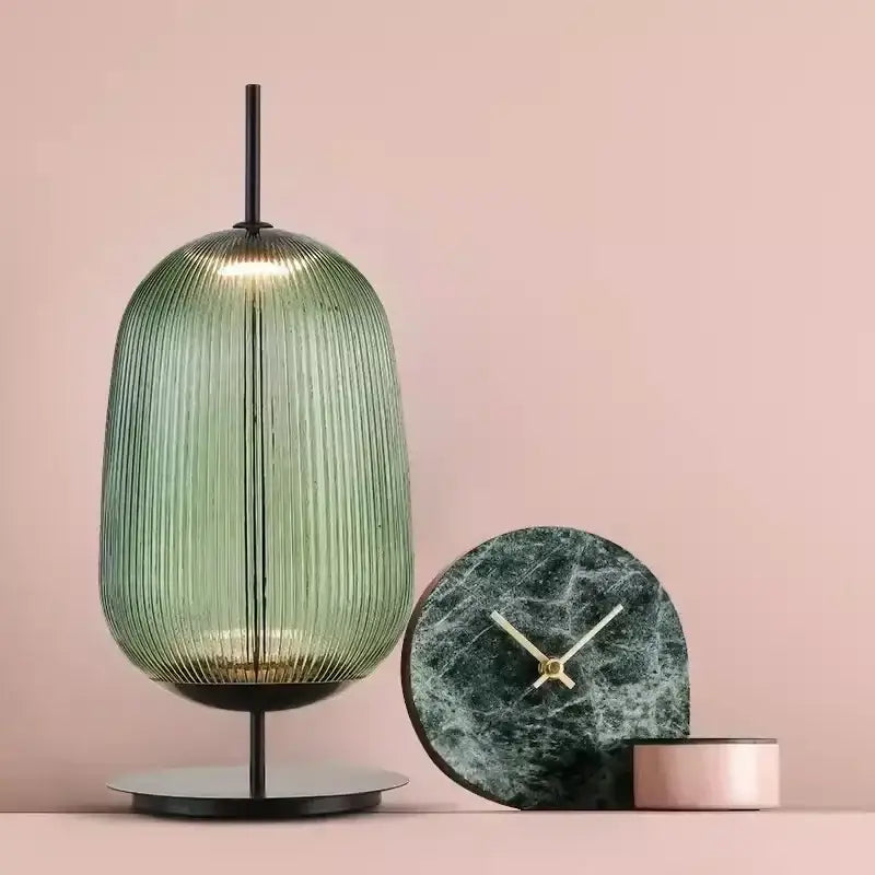 Ribbed green & red glass table lamp for bedroom lighting
