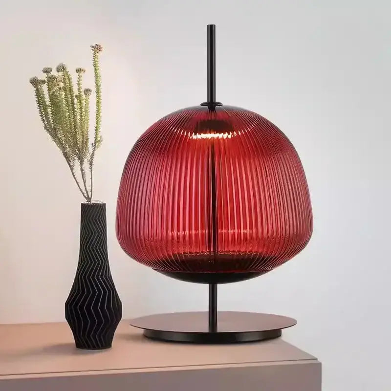 Ribbed green & red glass table lamp for bedroom lighting