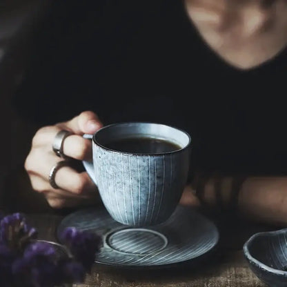 Ribbed matte gray ceramic coffee cup set dining room porcelain mug