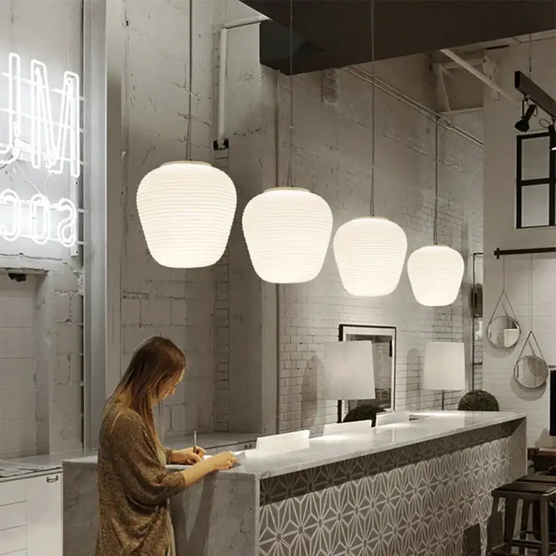 Ribbed off-white paper glass cocoon pendant light kitchen hanging lamp