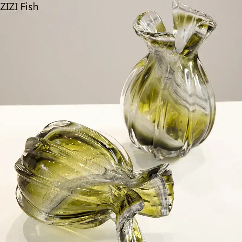 Ribbed olive green glass vase set dining room plant hydroponics