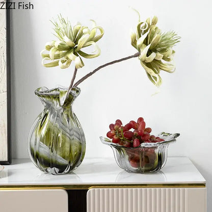 Ribbed olive green glass vase set dining room plant hydroponics