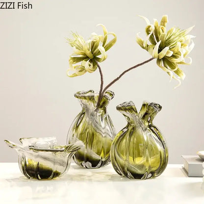 Ribbed olive green glass vase set dining room plant hydroponics