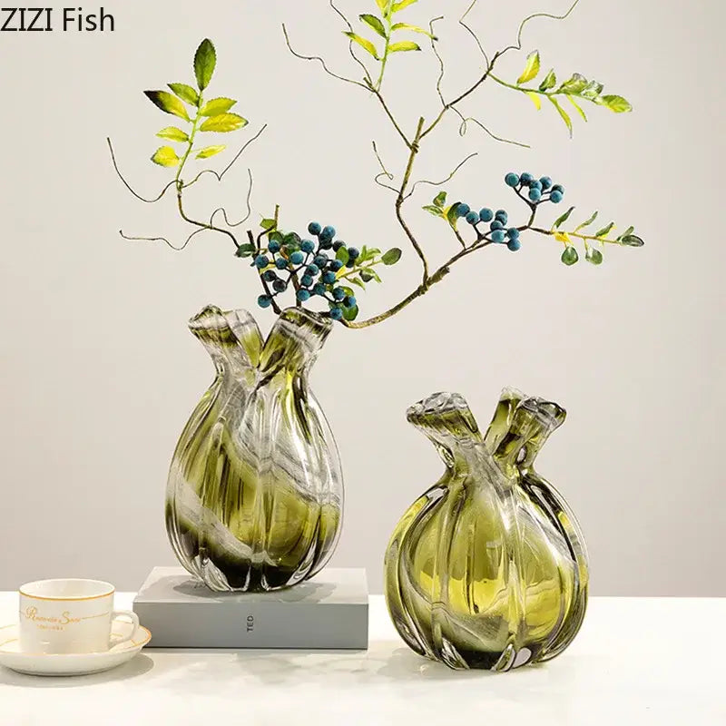 Ribbed olive green glass vase set dining room plant hydroponics