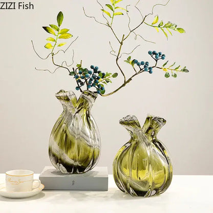 Ribbed olive green glass vase set dining room plant hydroponics