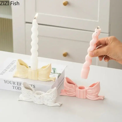 Ribbed pink ceramic bowknot candle holder bedroom desk decor