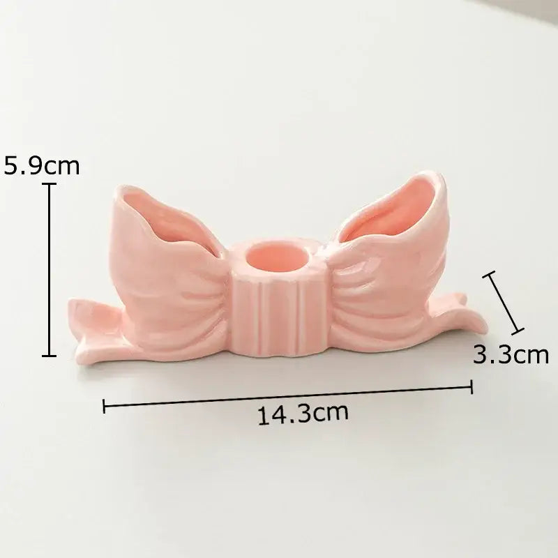 Ribbed pink ceramic bowknot candle holder bedroom desk decor