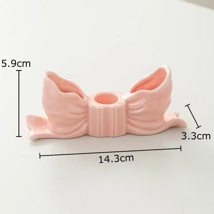 Ribbed pink ceramic bowknot candle holder bedroom desk decor