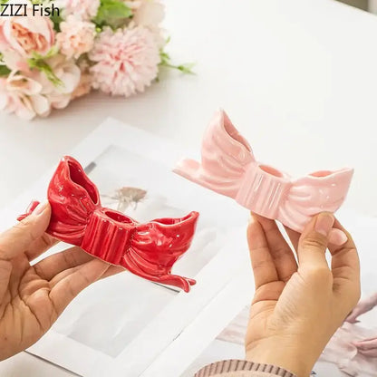 Ribbed pink ceramic bowknot candle holder bedroom desk decor