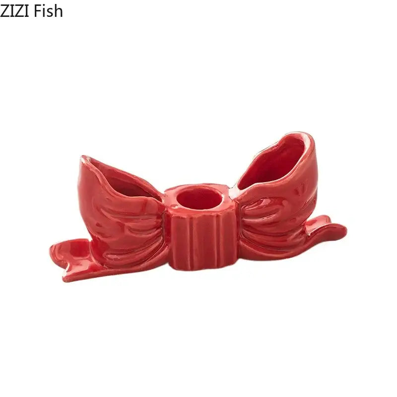 Ribbed pink ceramic bowknot candle holder bedroom desk decor