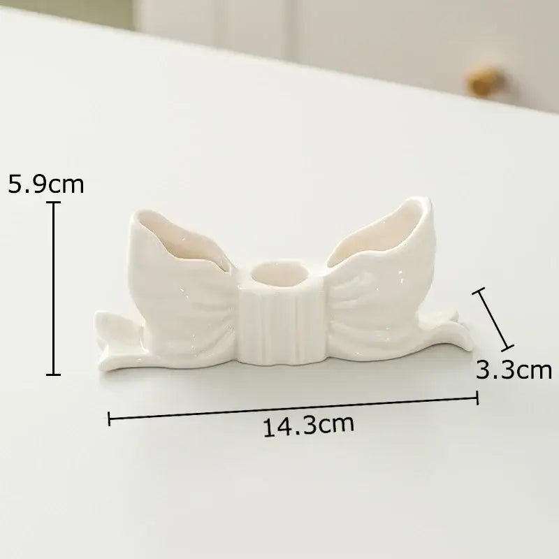 Ribbed pink ceramic bowknot candle holder bedroom desk decor
