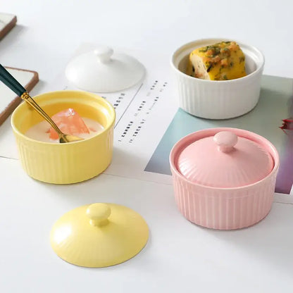 Ribbed pink ceramic dessert bowl with lid dining room ramekin