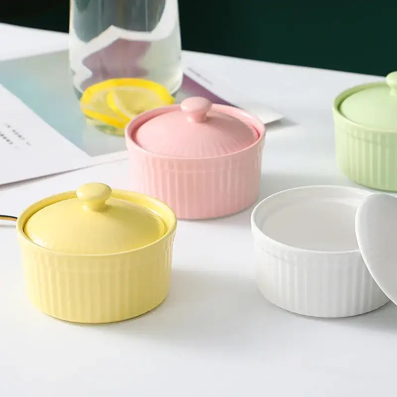 Ribbed pink ceramic dessert bowl with lid dining room ramekin