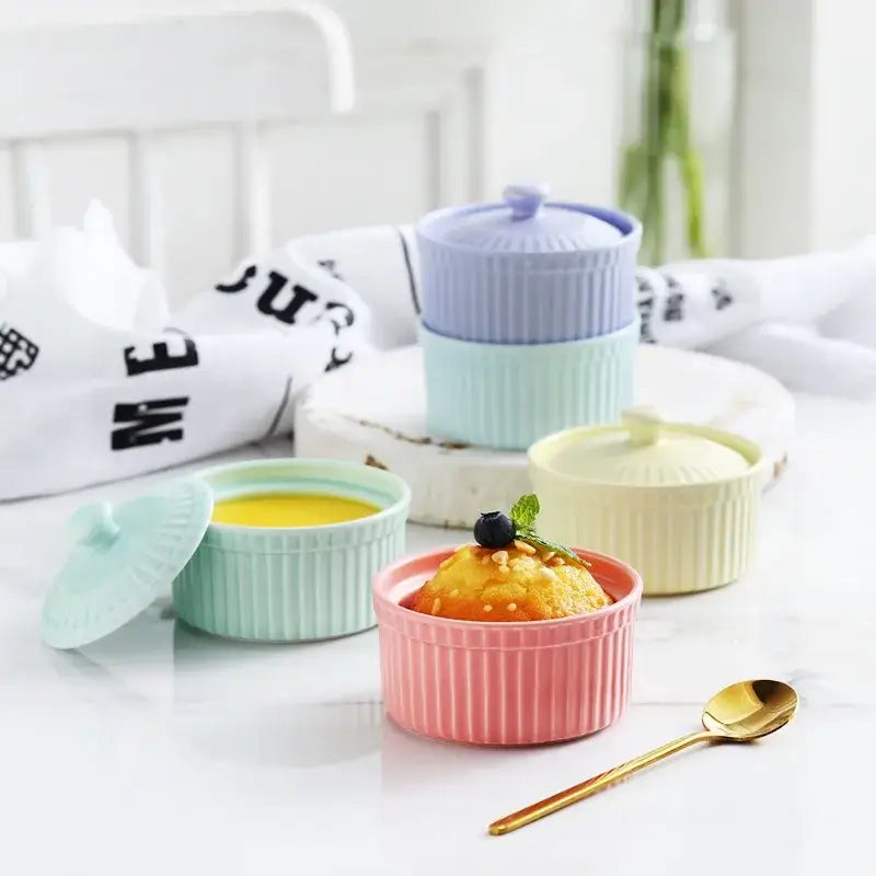 Ribbed pink ceramic dessert bowl with lid dining room ramekin