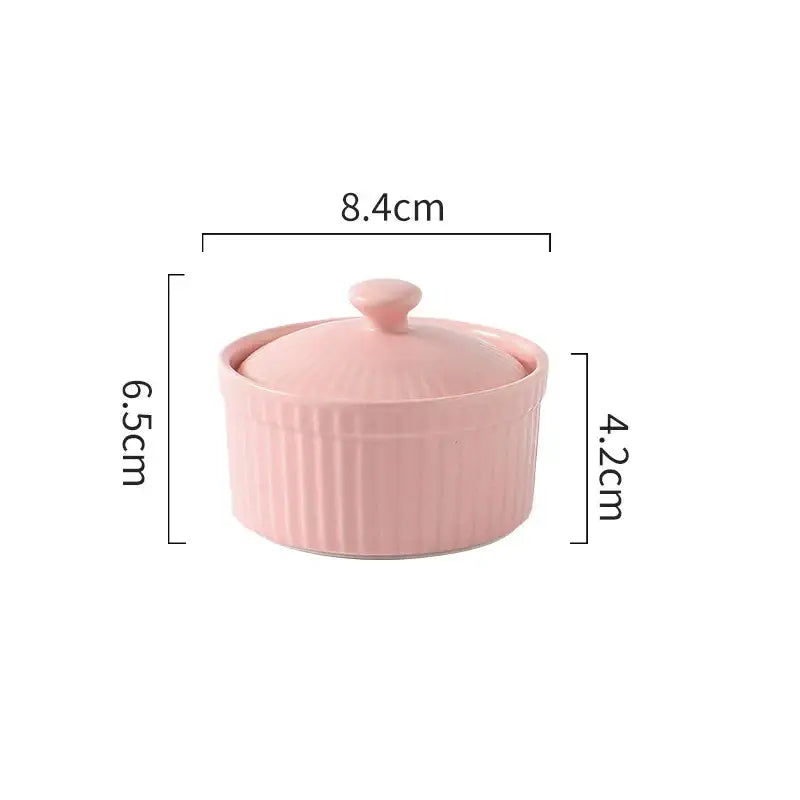 Ribbed pink ceramic dessert bowl with lid dining room ramekin