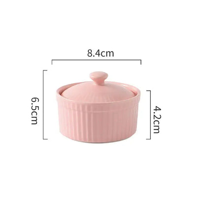 Ribbed pink ceramic dessert bowl with lid dining room ramekin