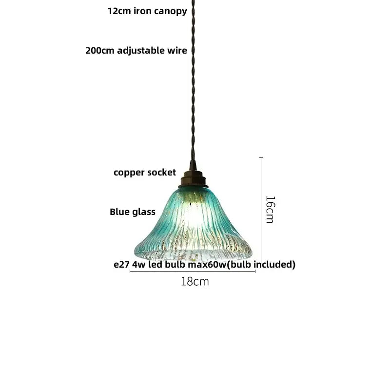 Ribbed teal blue glass led pendant light for dining room