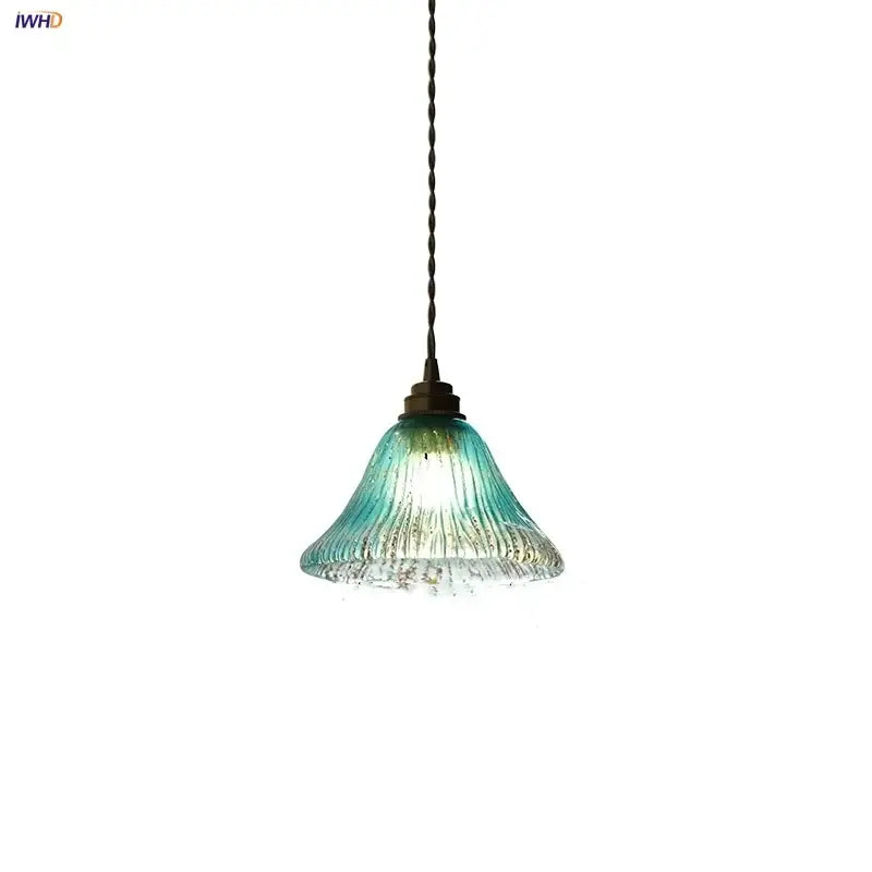Ribbed teal blue glass led pendant light for dining room