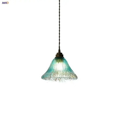 Ribbed teal blue glass led pendant light for dining room