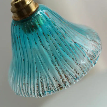 Ribbed teal blue glass led pendant light for dining room