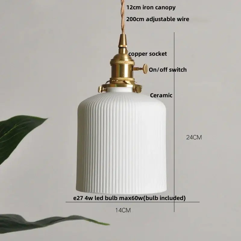 Ribbed white ceramic pendant light fixture kitchen brass knob switch