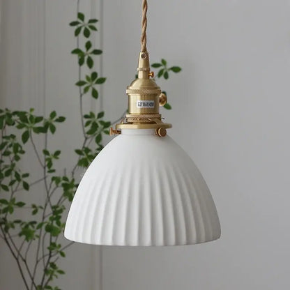 Ribbed white ceramic pendant light fixture kitchen brass knob switch