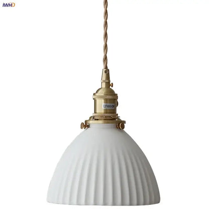 Ribbed white ceramic pendant light fixture kitchen brass knob switch