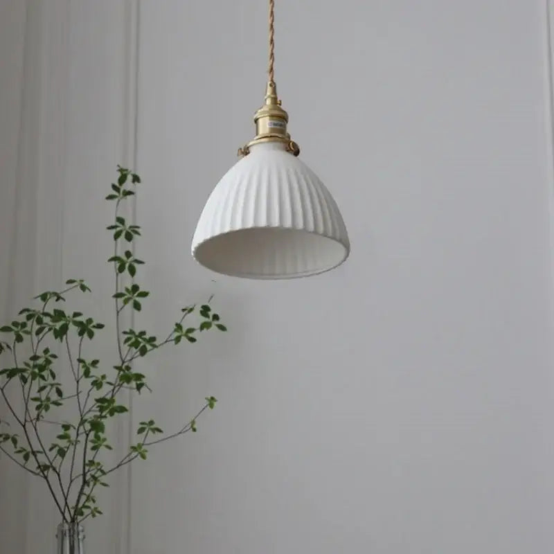 Ribbed white ceramic pendant light fixture kitchen brass knob switch