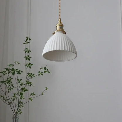 Ribbed white ceramic pendant light fixture kitchen brass knob switch