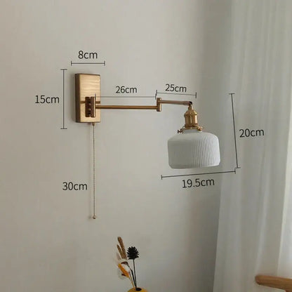Ribbed yellow ceramic brass swing arm wall sconce bedroom light