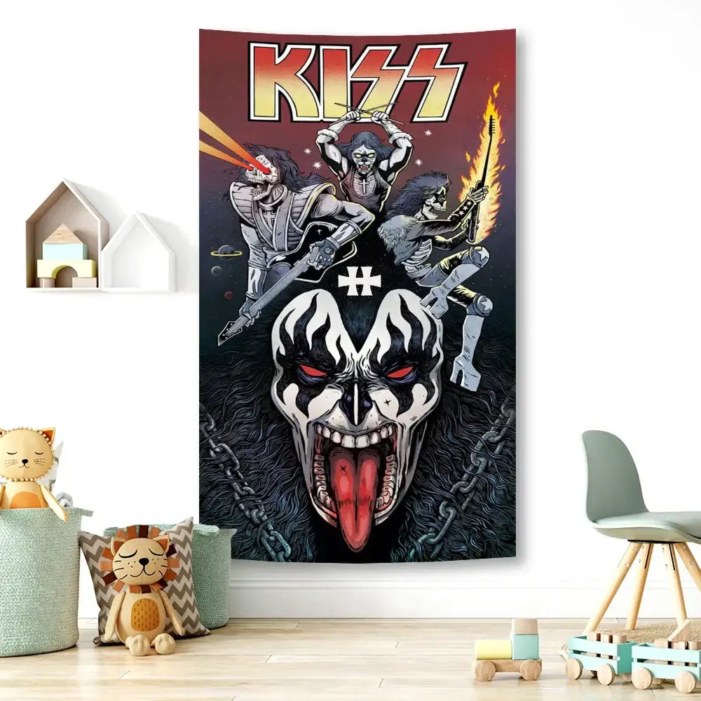 Rock kiss band canvas tapestry – living room black & silver wall art