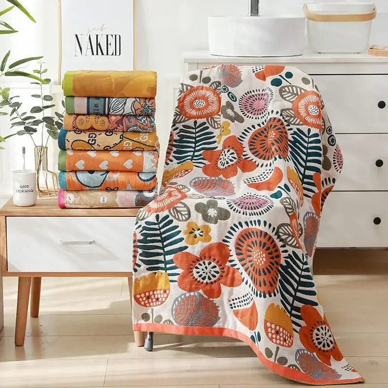Romantic beige & black floral cotton bath towel bathroom decor