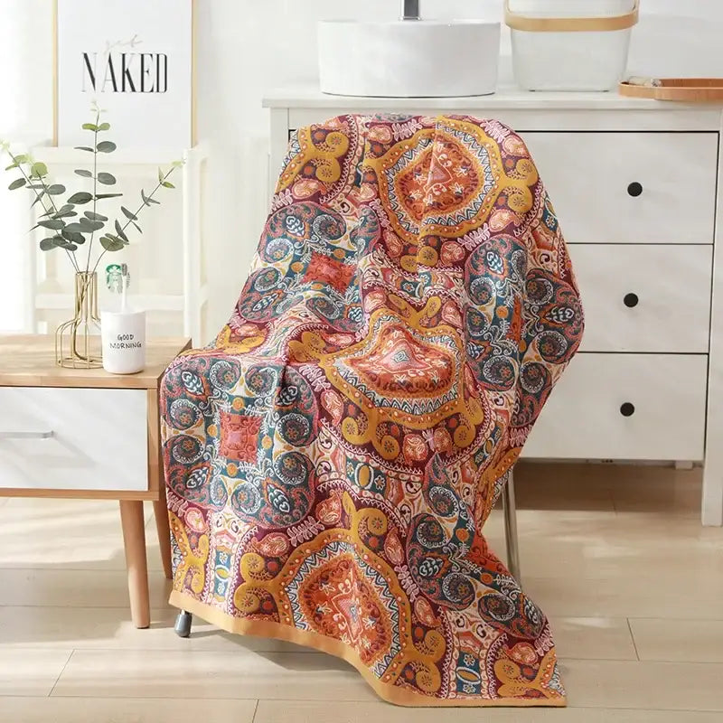 Romantic beige & black floral cotton bath towel bathroom decor