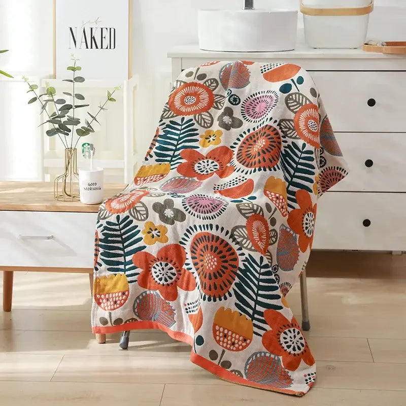 Romantic beige & black floral cotton bath towel bathroom decor