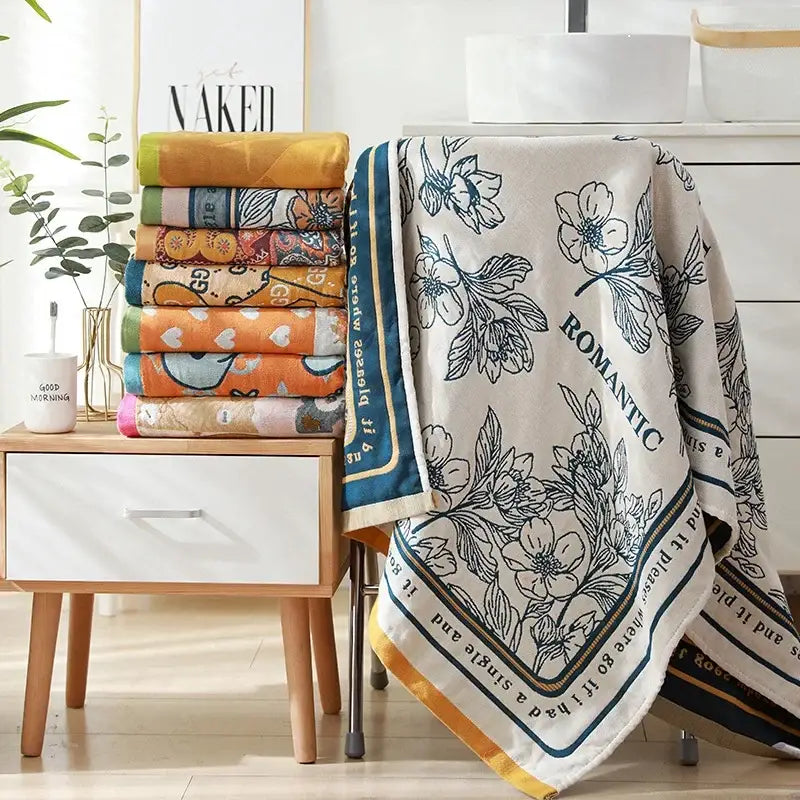 Romantic beige & black floral cotton bath towel bathroom decor