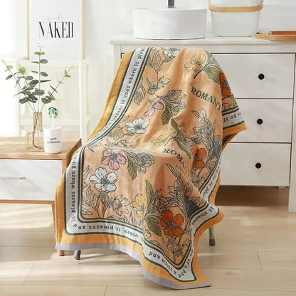 Romantic beige & black floral cotton bath towel bathroom decor