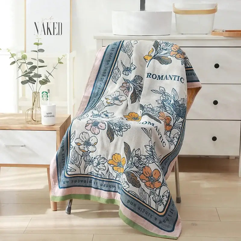 Romantic beige & black floral cotton bath towel bathroom decor