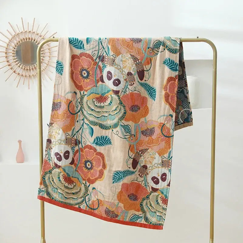 Romantic beige & black floral cotton bath towel bathroom decor
