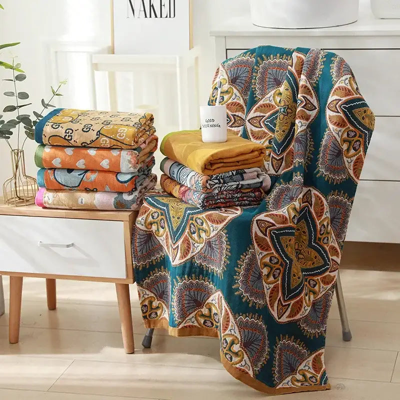Romantic beige & black floral cotton bath towel bathroom decor